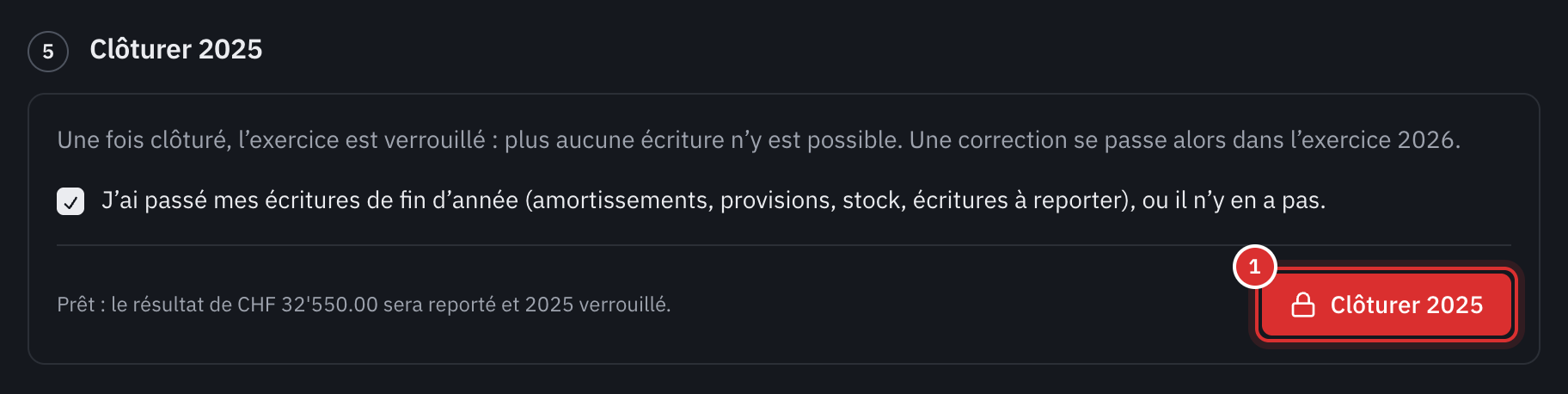 L’étape Clôturer 2025 : la case des écritures de fin d’année cochée et le bouton Clôturer 2025.