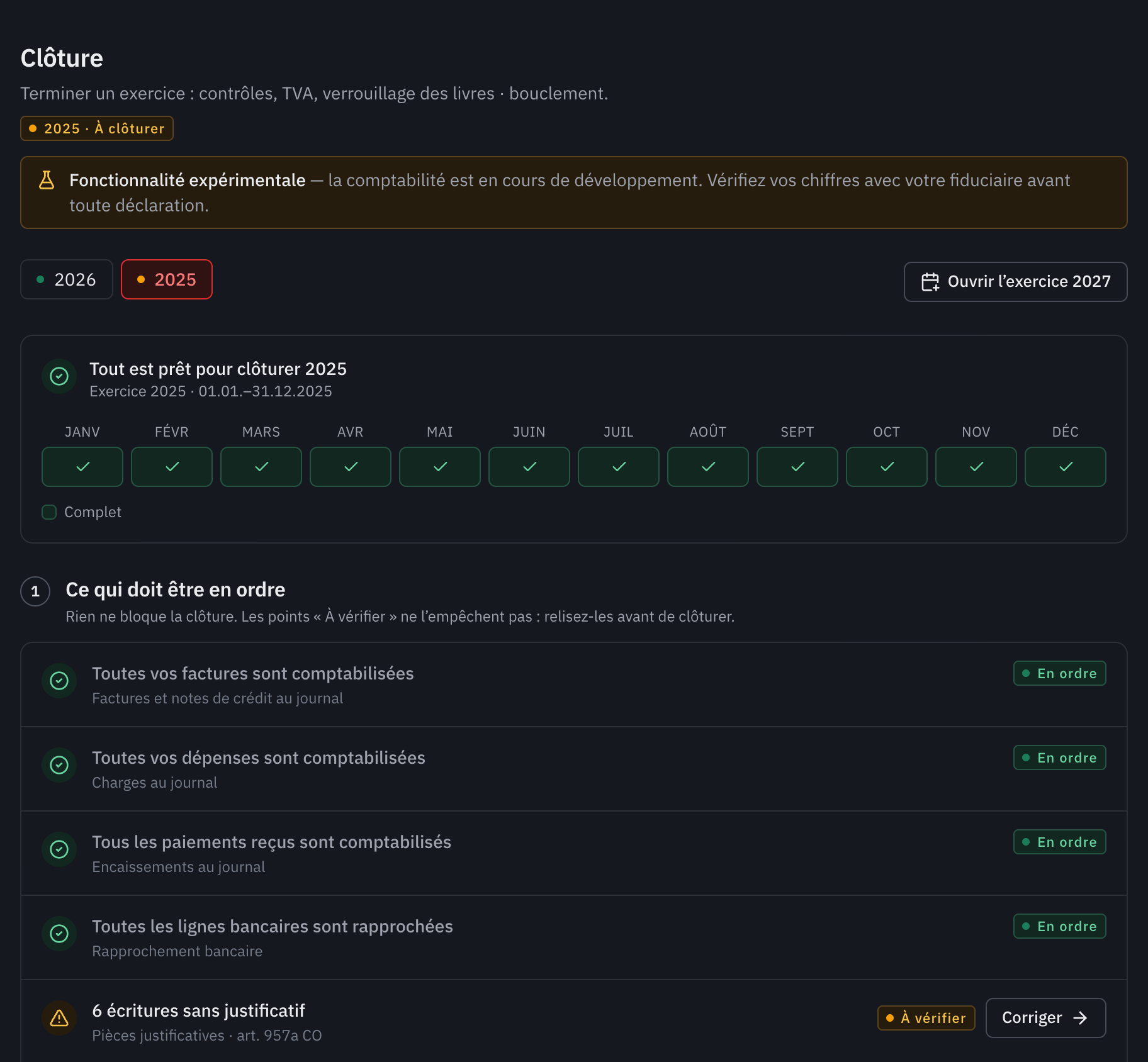 La page Clôture de l’exercice 2025 : Tout est prêt pour clôturer 2025, les douze mois complets et le début de la liste des contrôles.