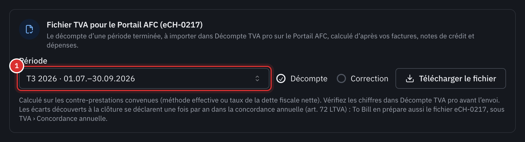 La carte Fichier TVA pour le Portail AFC (eCH-0217) des exports : la période, le type Décompte ou Correction et le bouton Télécharger le fichier.