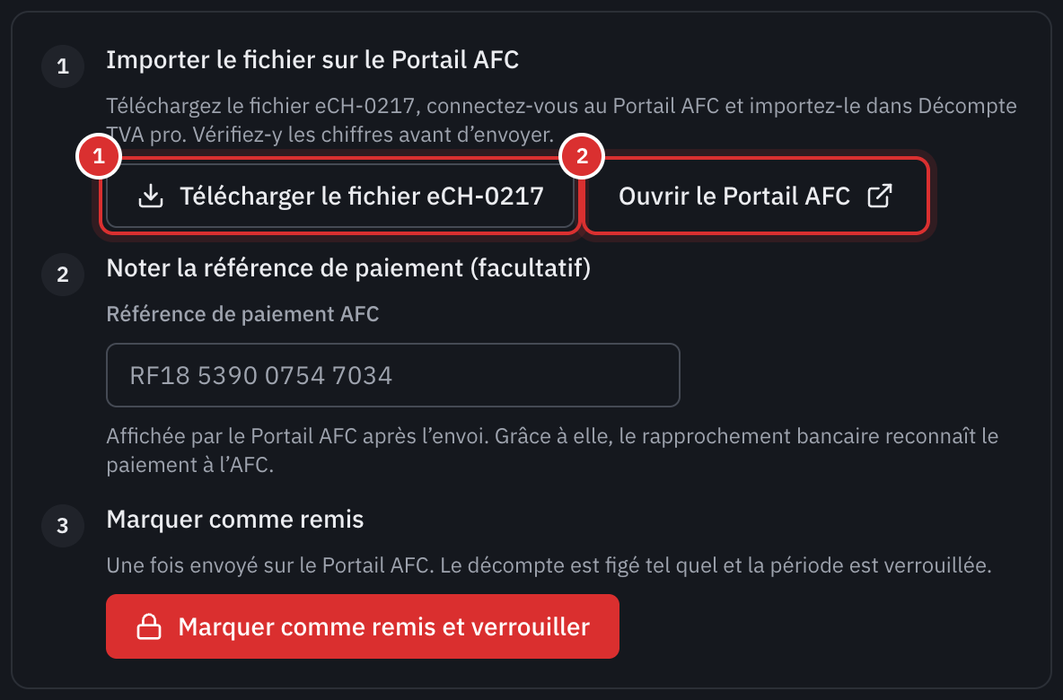 L’étape Importer le fichier sur le Portail AFC, avec les boutons Télécharger le fichier eCH-0217 et Ouvrir le Portail AFC.
