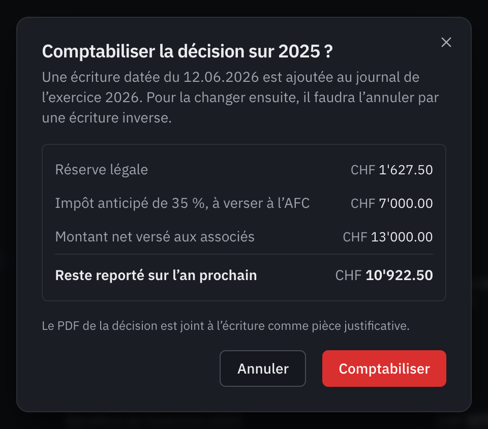 La fenêtre Comptabiliser la décision sur 2025 ? : l’écriture datée du 12.06.2026, la réserve légale, l’impôt anticipé, le montant net et le reste reporté.