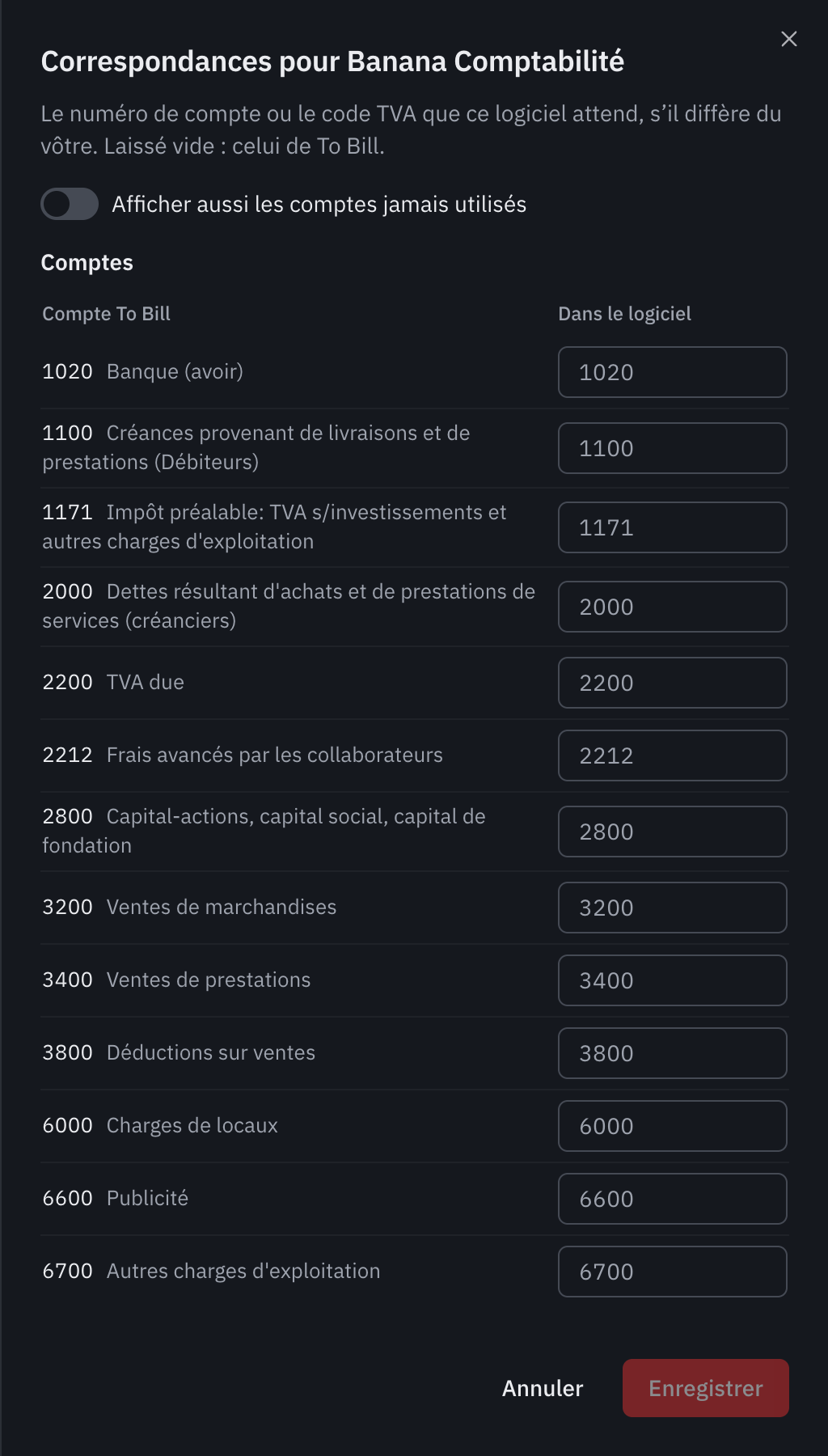 La fenêtre Correspondances pour Banana Comptabilité : les comptes utilisés et les codes TVA, avec la valeur attendue par le logiciel.