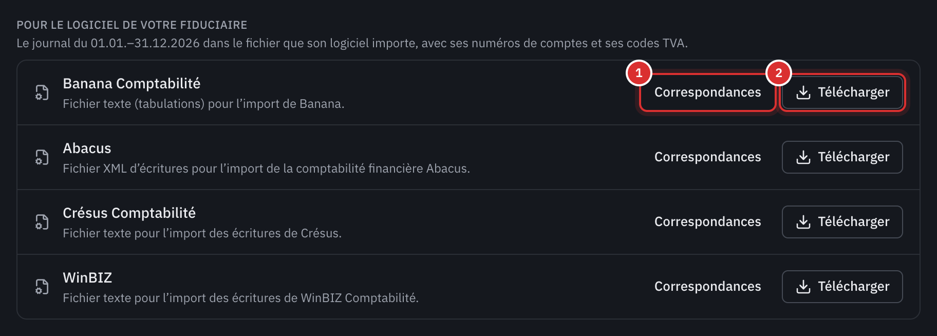 Les quatre logiciels de fiduciaire, chacun avec ses boutons Correspondances et Télécharger.
