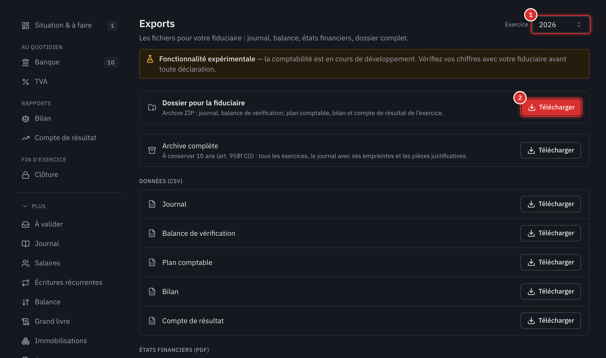 La page Exports : le choix de l’exercice, le dossier pour la fiduciaire, l’archive complète et les données en CSV.
