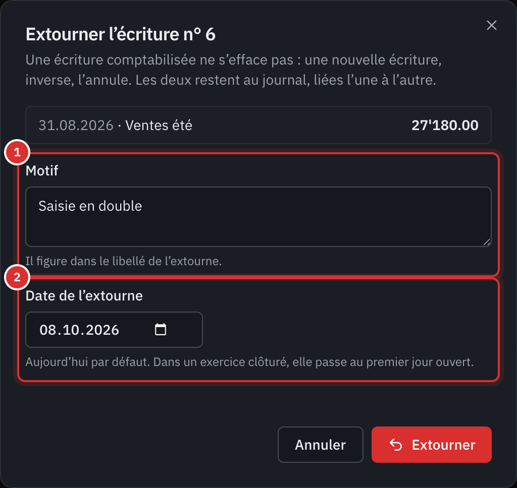 La fenêtre Extourner l’écriture n° 6 : le motif Saisie en double et la date de l’extourne.