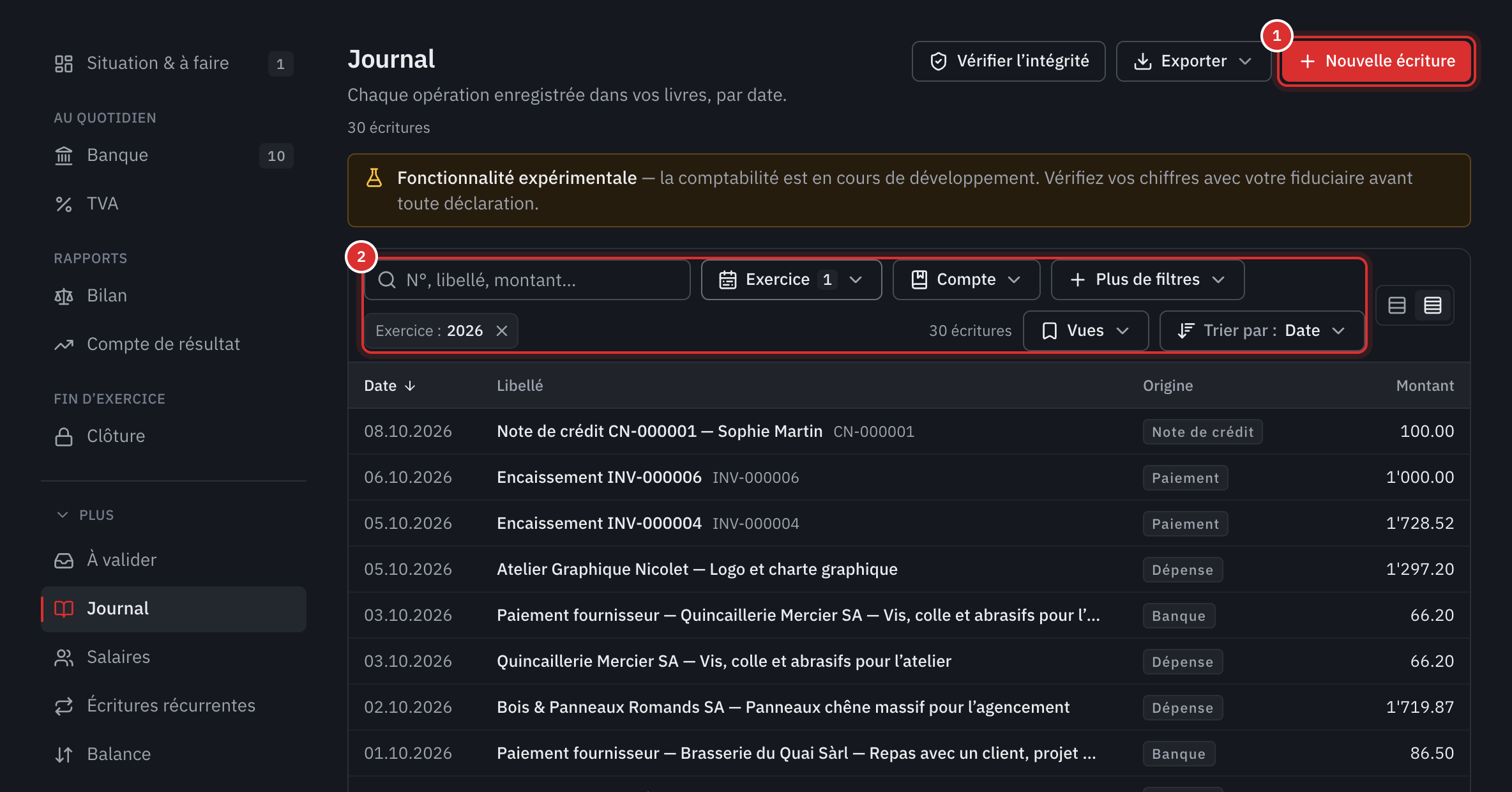 Le journal : le bouton Nouvelle écriture, la barre de recherche et de filtres, puis les écritures avec leur origine et leur montant.