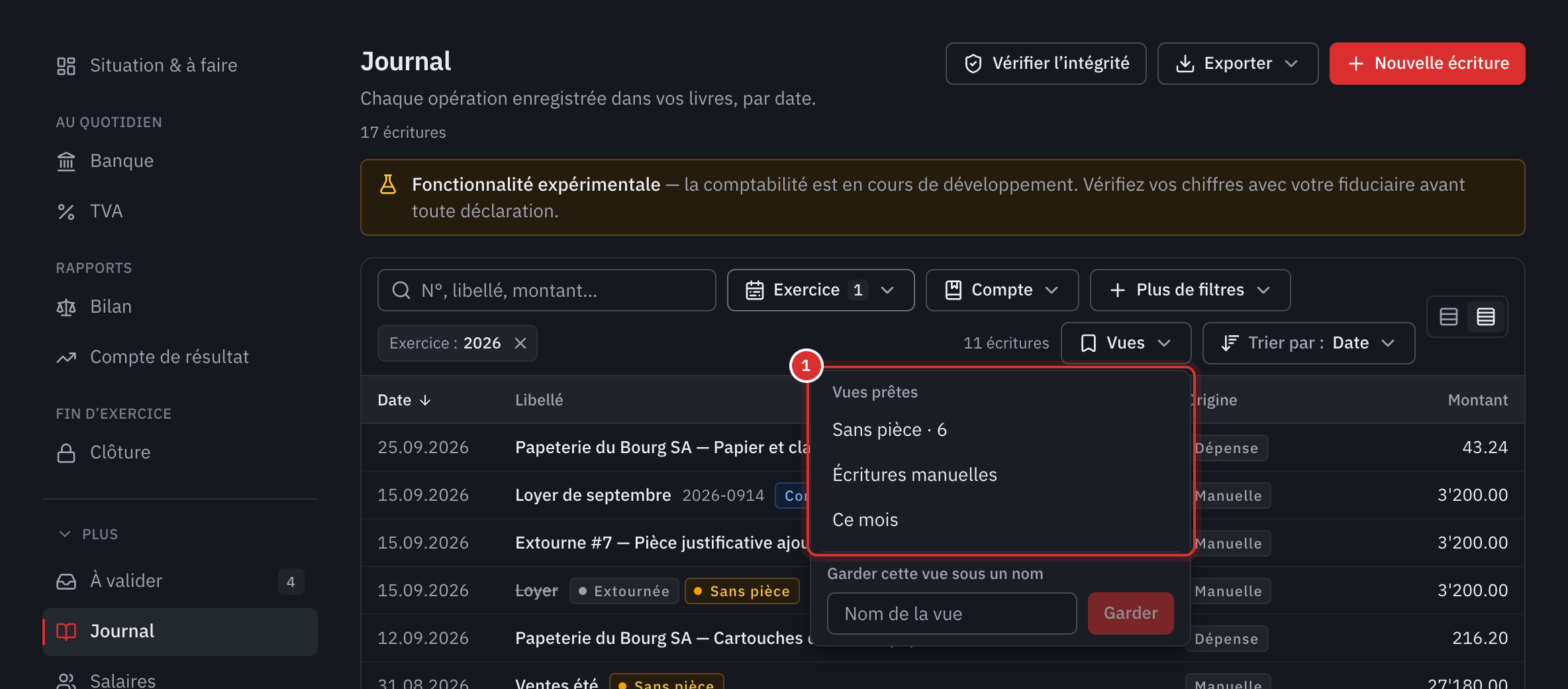 Le menu Vues du journal ouvert : Sans pièce, six écritures, puis Écritures manuelles et Ce mois.