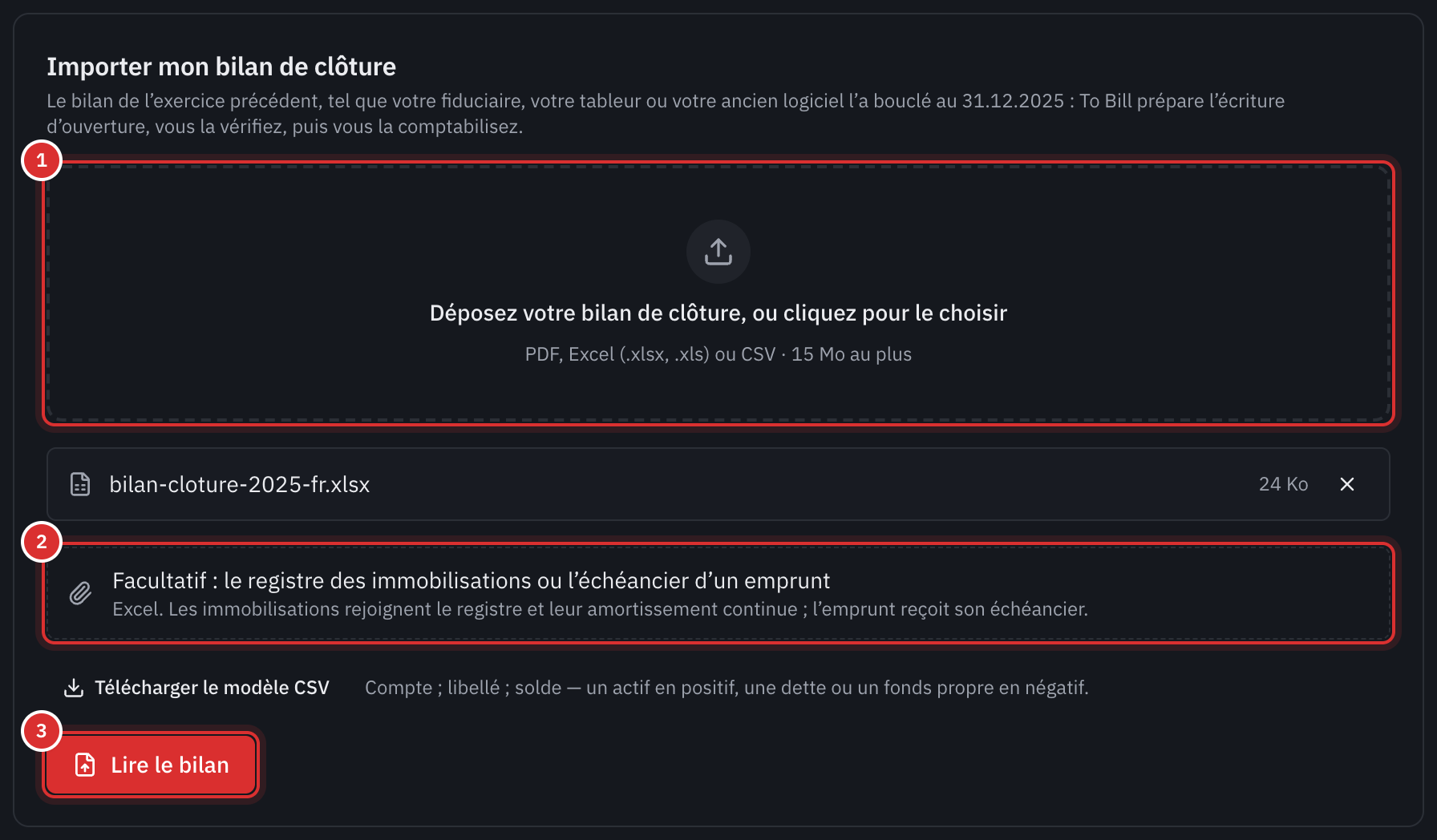 Le cadre Importer mon bilan de clôture : le fichier du bilan choisi, le cadre facultatif du registre des immobilisations ou de l’échéancier d’emprunt, et le bouton Lire le bilan.