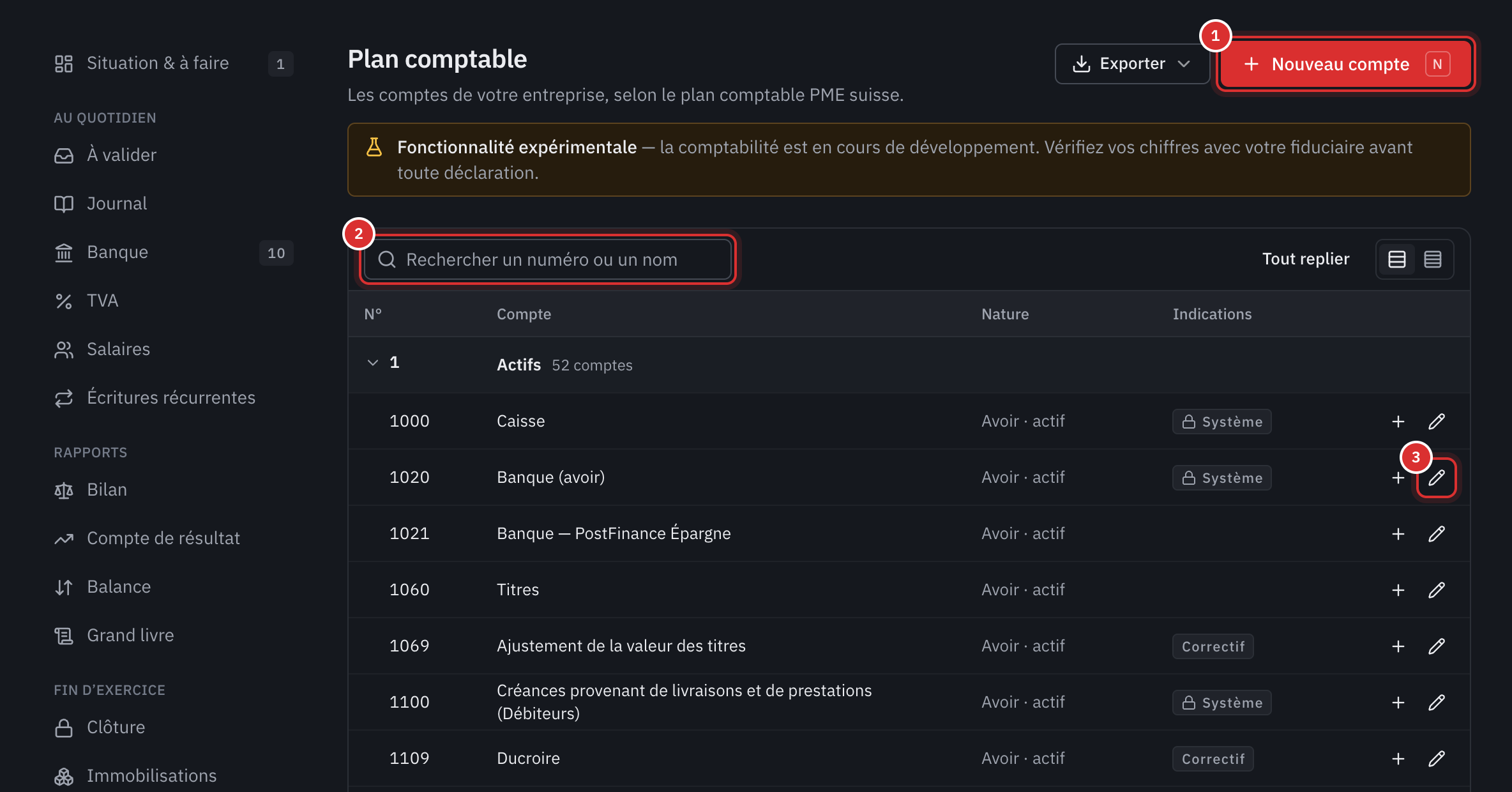 Le plan comptable : les comptes de la classe 1 avec leur nature et leurs indications, le bouton Nouveau compte et la recherche.
