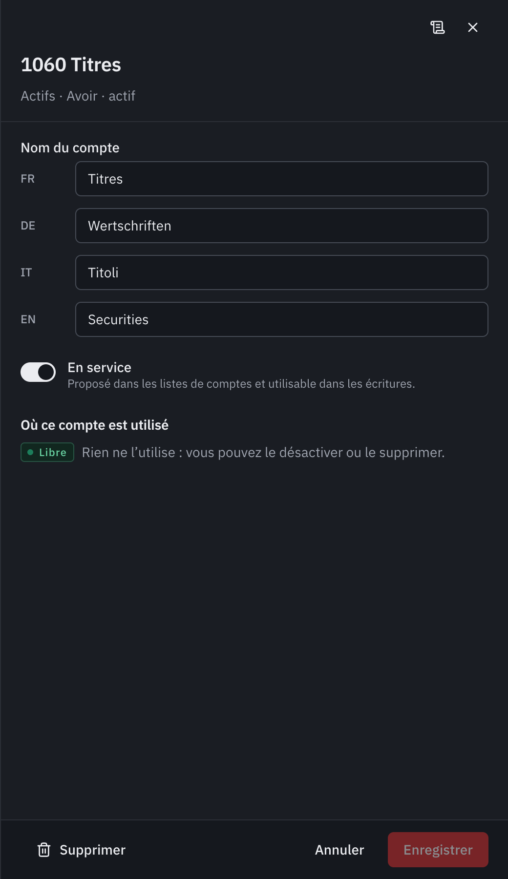La fenêtre du compte 1060 Titres : ses noms en quatre langues, l’interrupteur En service, et Où ce compte est utilisé, libre.