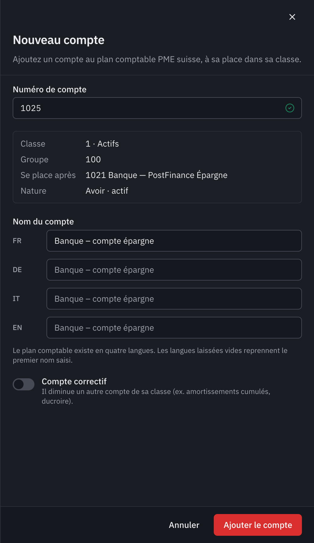 La fenêtre Nouveau compte : le numéro 1025, sa place après 1020 Banque, et le nom Banque – compte épargne.