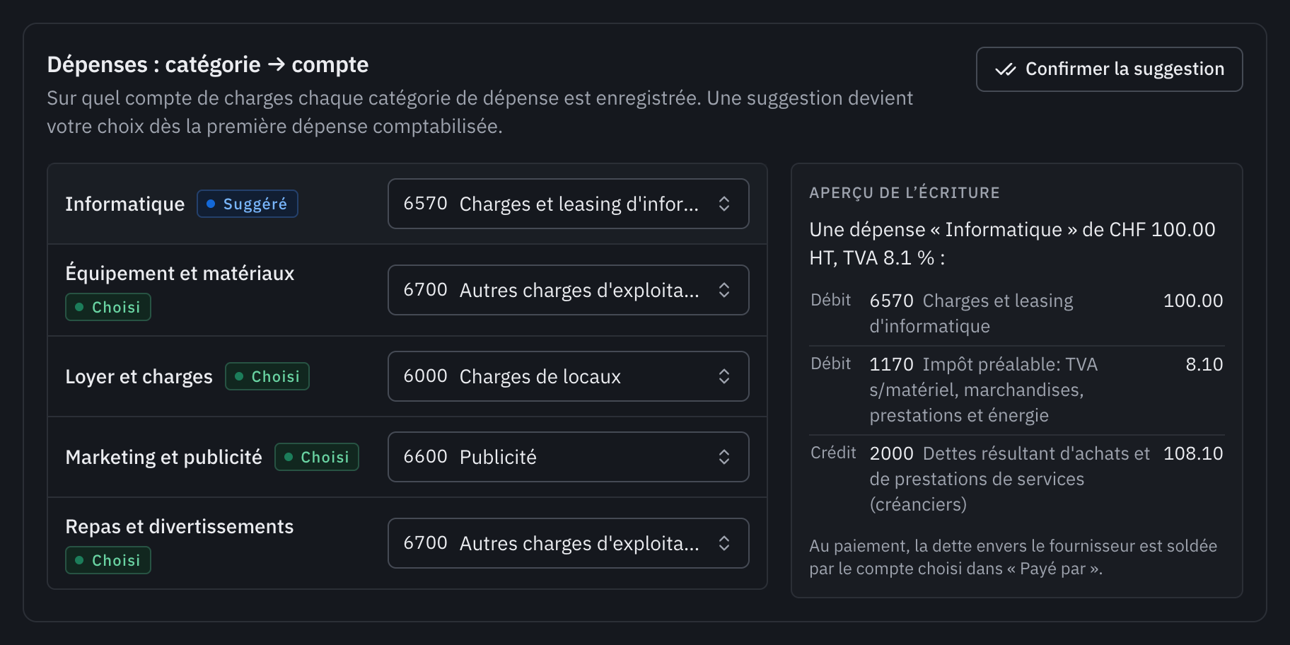 La carte Dépenses : catégorie vers compte, avec la catégorie Informatique suggérée sur le compte 6570 et l’aperçu de l’écriture.