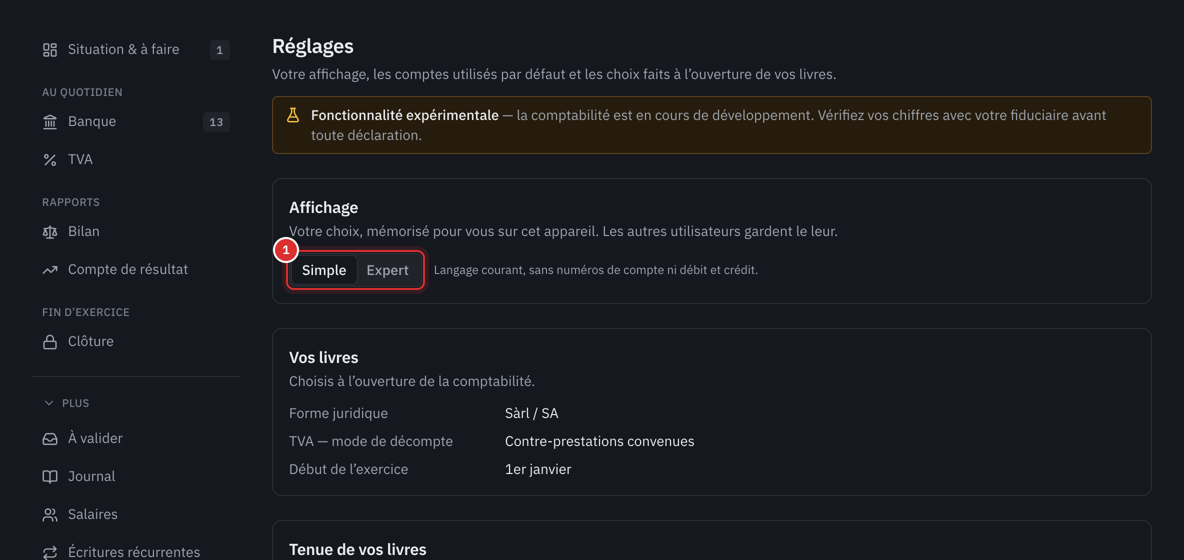 Le haut des réglages : le choix d’affichage Simple ou Expert, puis la forme juridique, le mode de décompte de la TVA et le début de l’exercice.