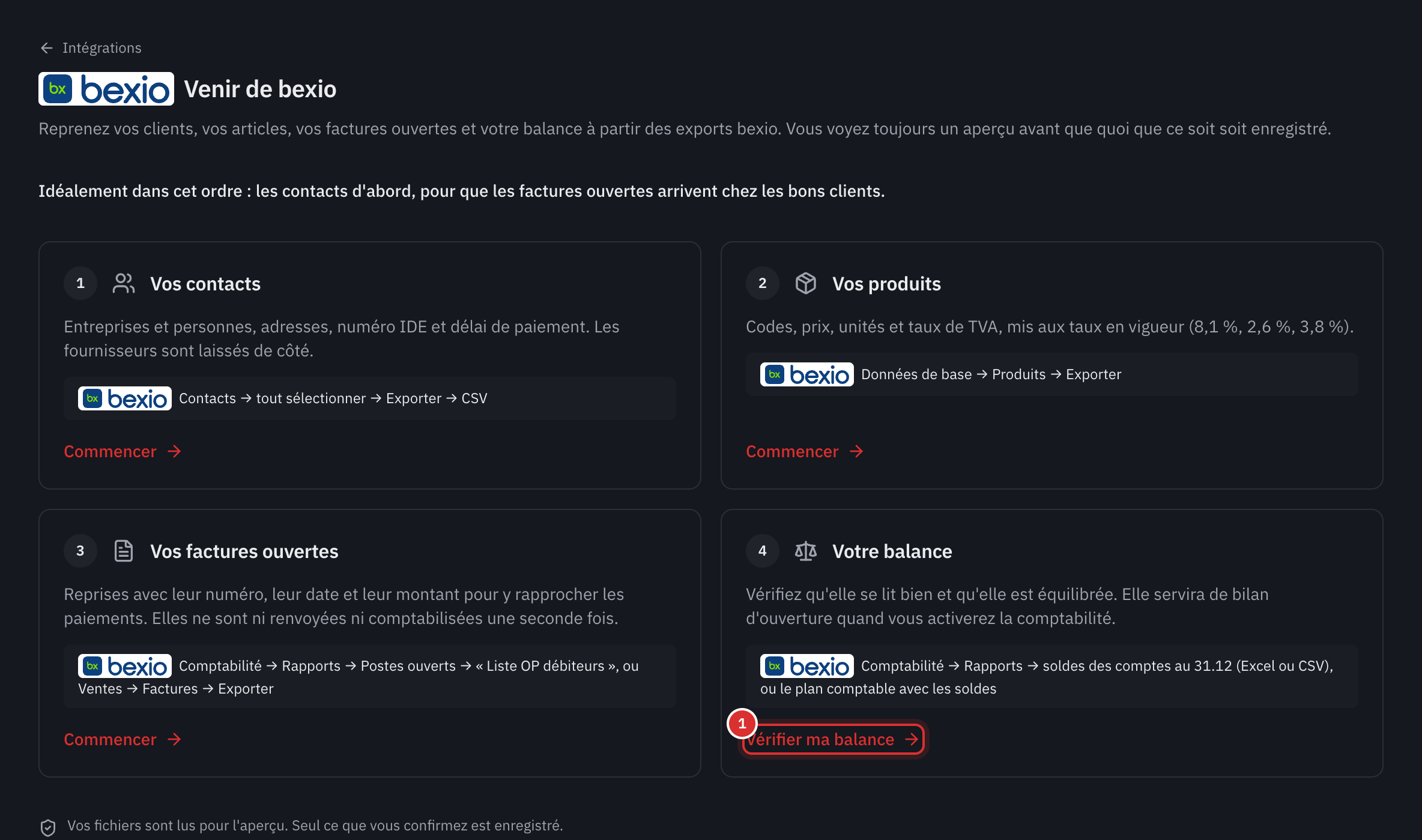 La page Venir de bexio : les contacts, les produits, les factures ouvertes et la balance, chacun avec son chemin d’export dans bexio.