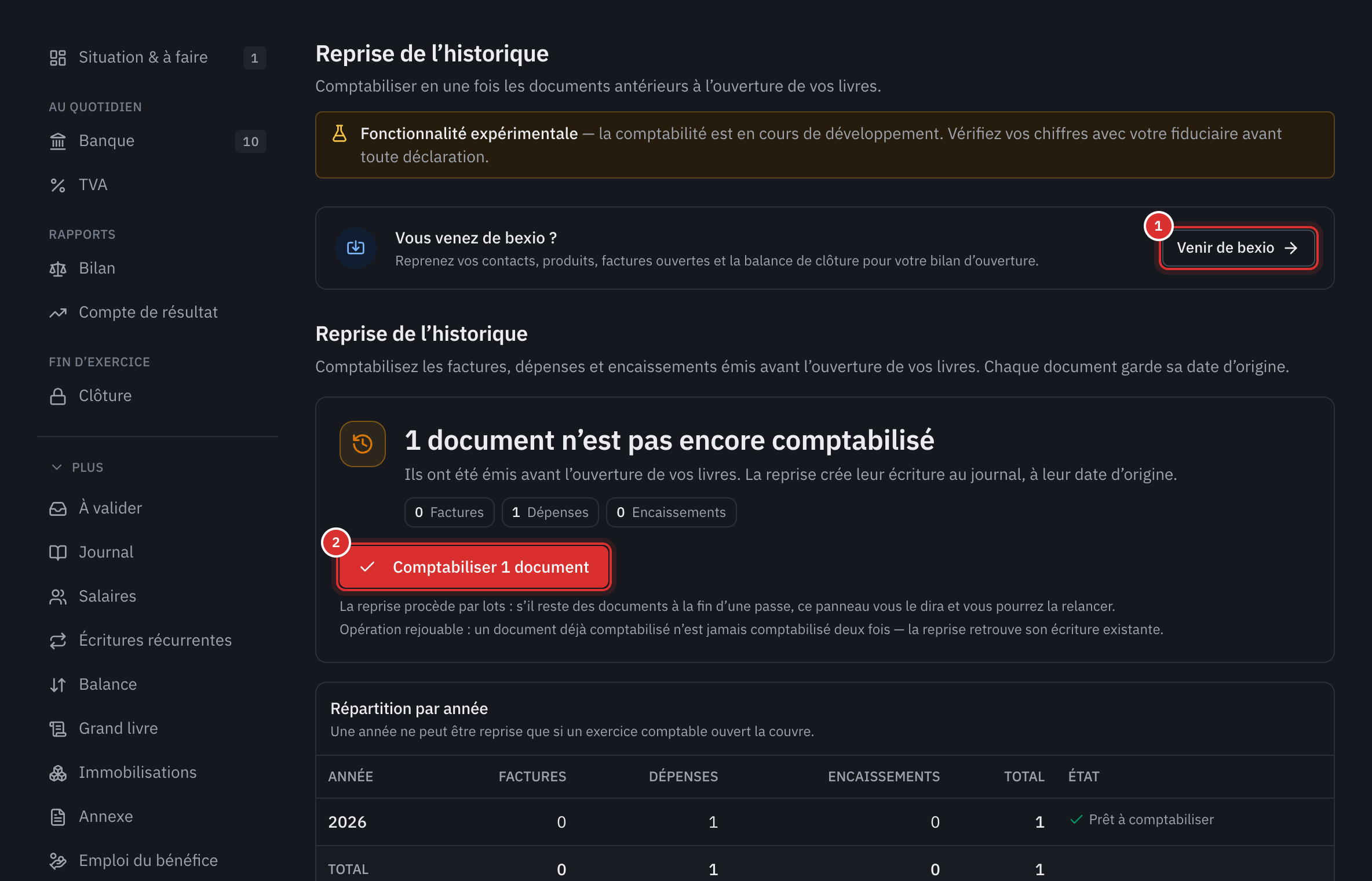 La page Reprise de l’historique : le lien Venir de bexio, un document pas encore comptabilisé, le bouton Comptabiliser 1 document et la répartition par année.