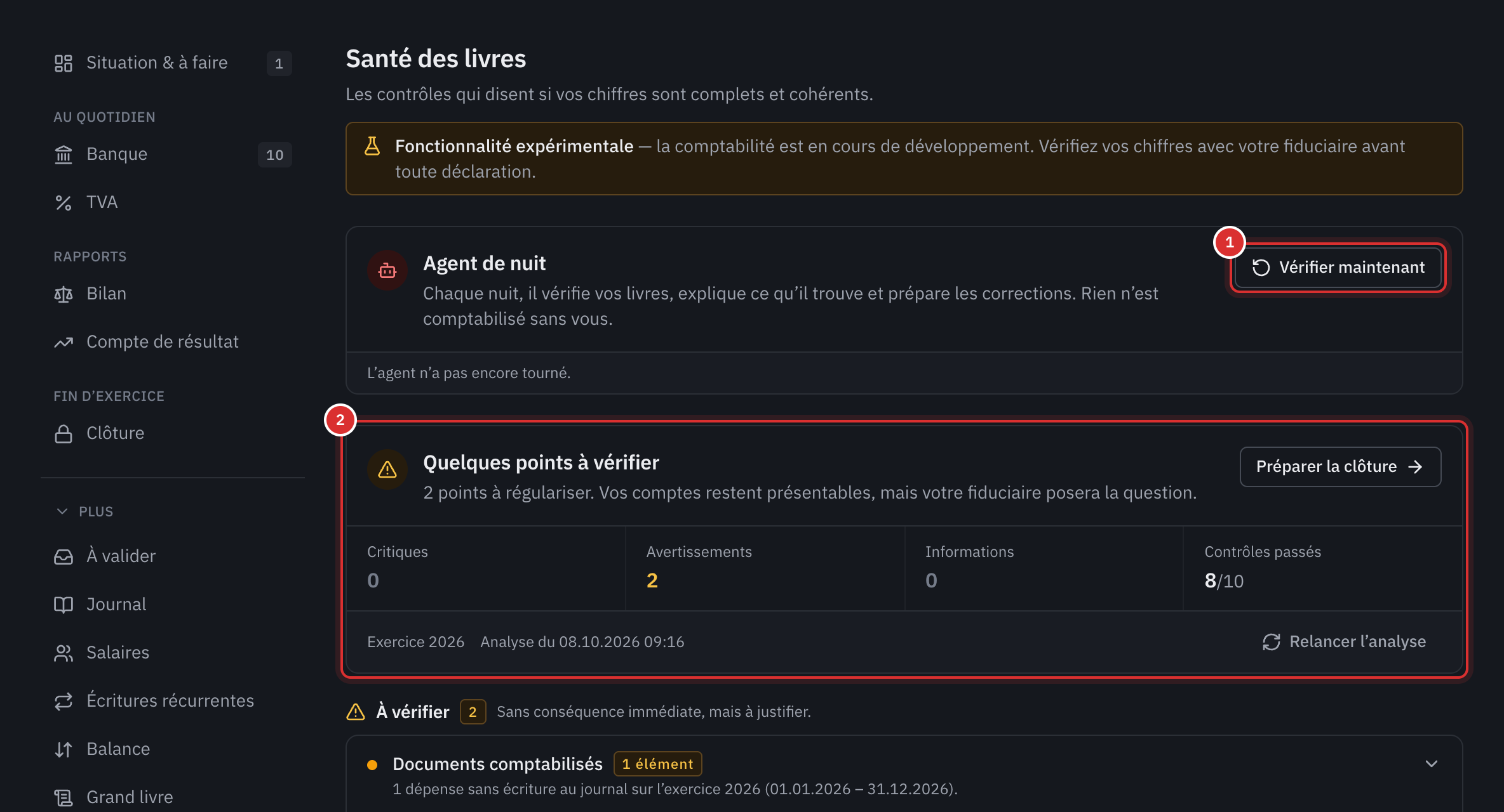 La page Santé des livres : l’agent de nuit avec Vérifier maintenant, puis le diagnostic Quelques points à vérifier avec ses compteurs.