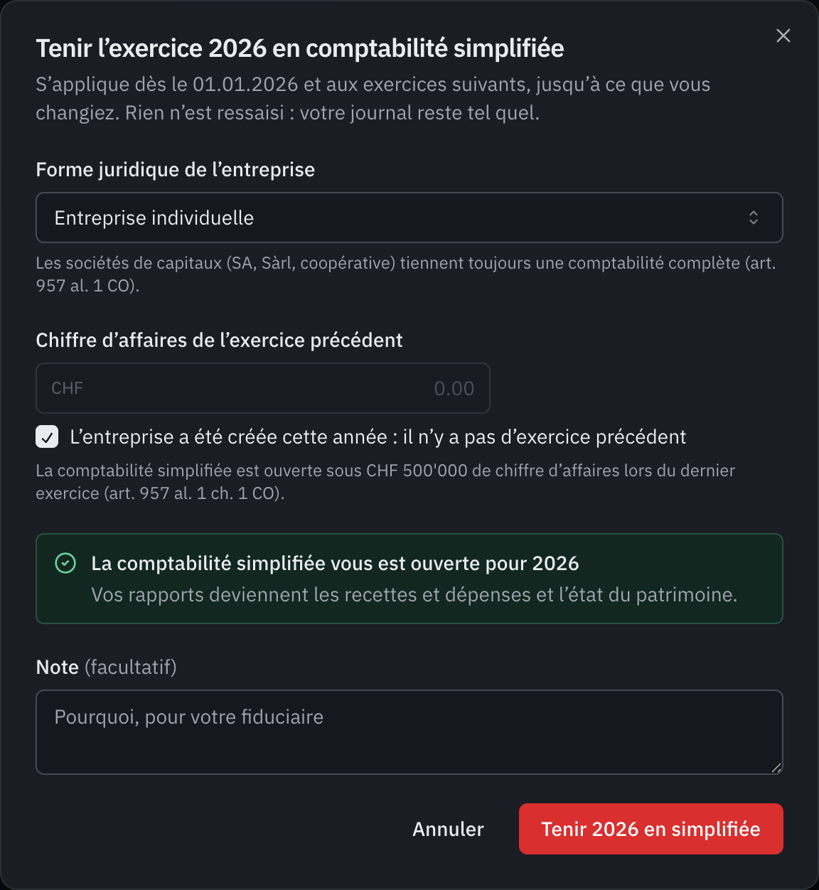La fenêtre Tenir l’exercice 2026 en comptabilité simplifiée : entreprise individuelle créée cette année, et le message La comptabilité simplifiée vous est ouverte pour 2026.