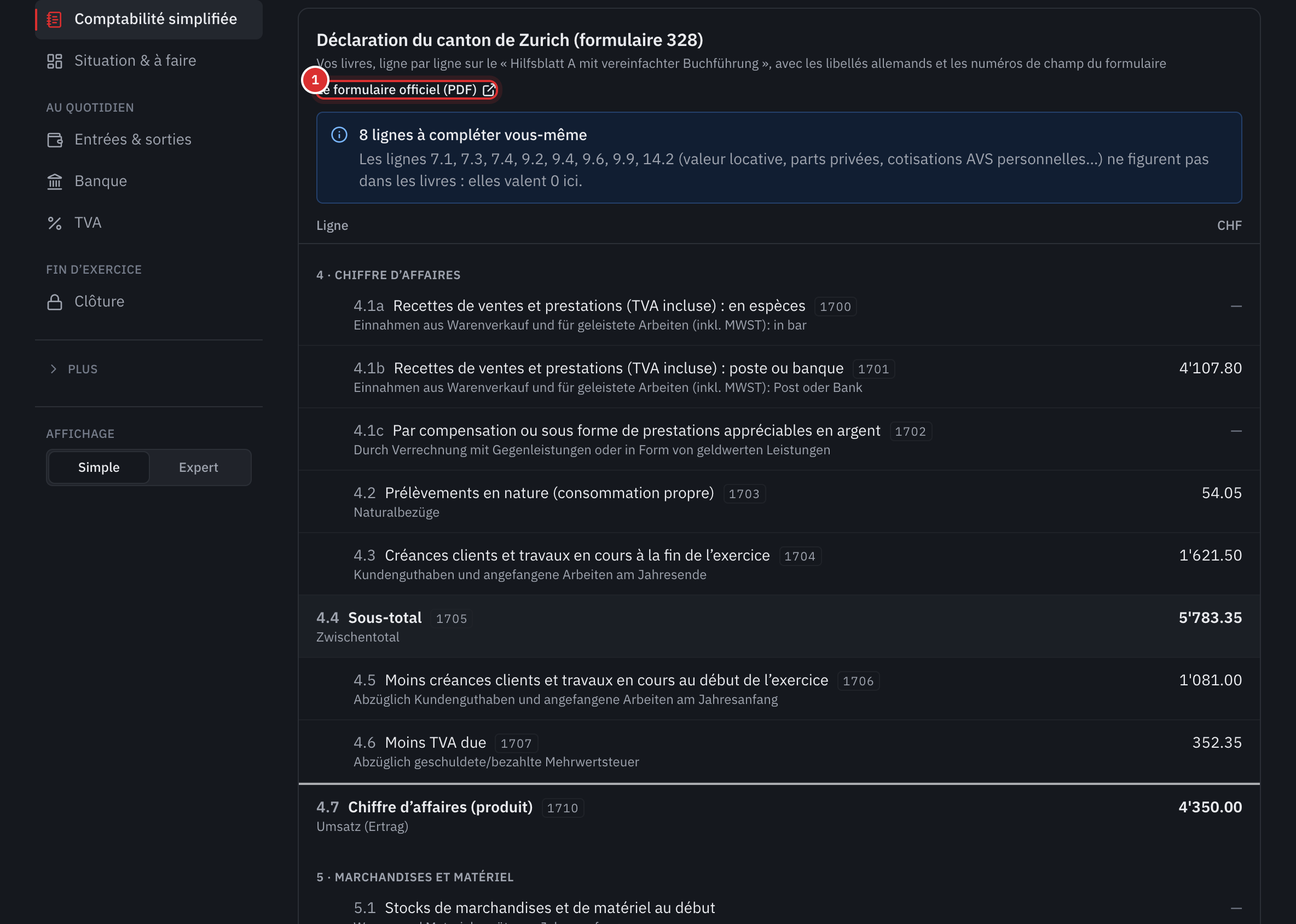 La vue Déclaration ZH 328 : le lien vers le formulaire officiel, les lignes à compléter vous-même et les lignes du chiffre d’affaires.