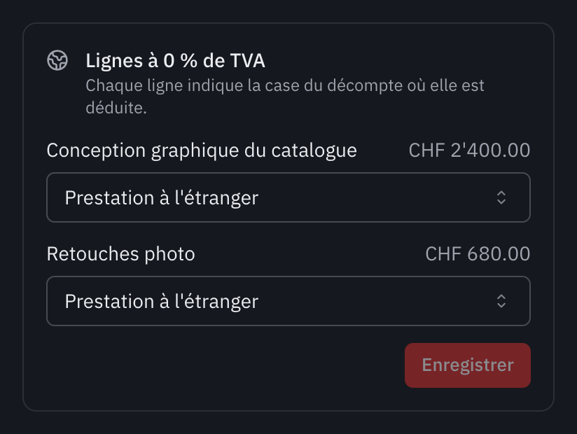 Le cadre Lignes à 0 % de TVA d’une facture à un client en Allemagne : les deux lignes classées Prestation à l’étranger.