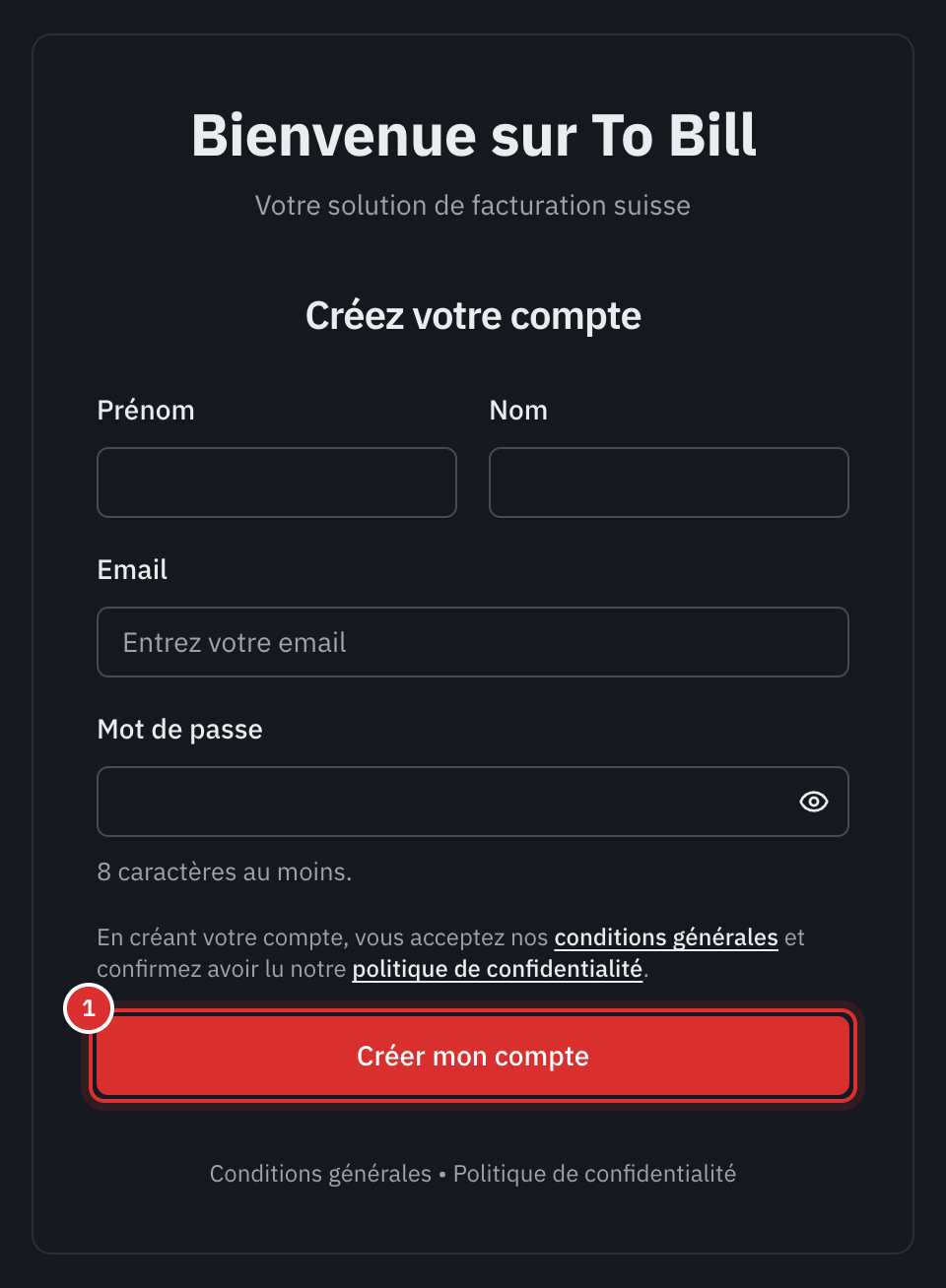 Le formulaire Créez votre compte : prénom, nom, e-mail, mot de passe, la phrase sur les conditions générales et le bouton Créer mon compte.