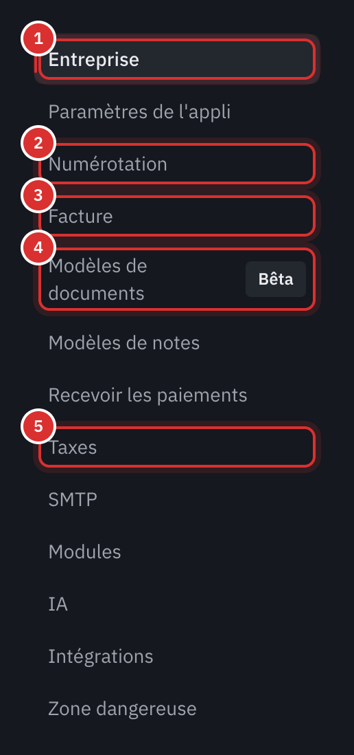 Le menu des paramètres, avec Entreprise, Numérotation, Facture, Modèles de documents et Taxes encadrés.