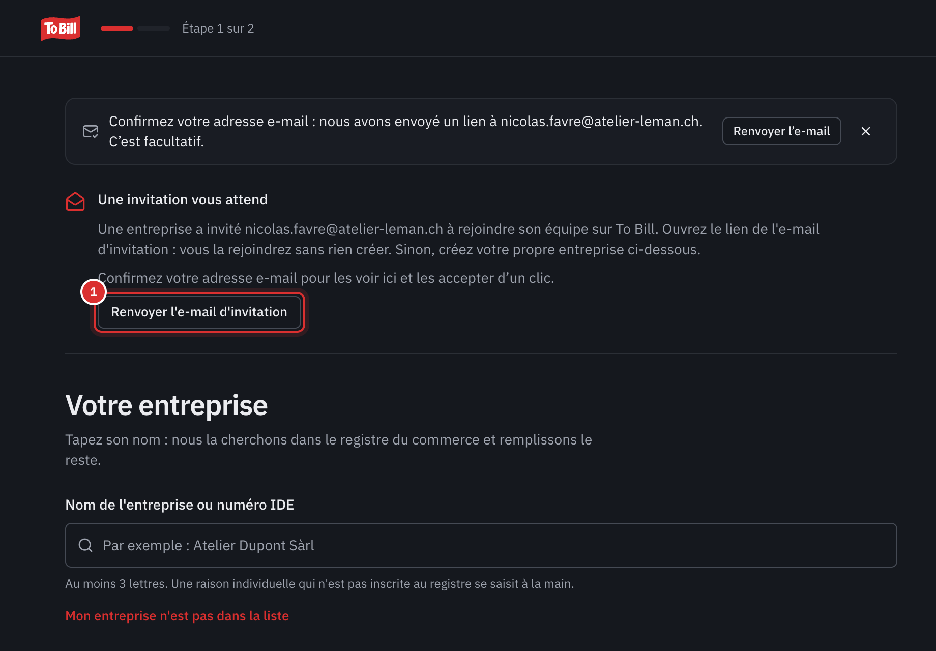 L’écran Votre entreprise d’un compte qui vient d’être créé : le rappel Confirmez votre adresse e-mail, puis Une invitation vous attend, avec la phrase sur la confirmation de l’adresse et le bouton Renvoyer l’e-mail d’invitation.