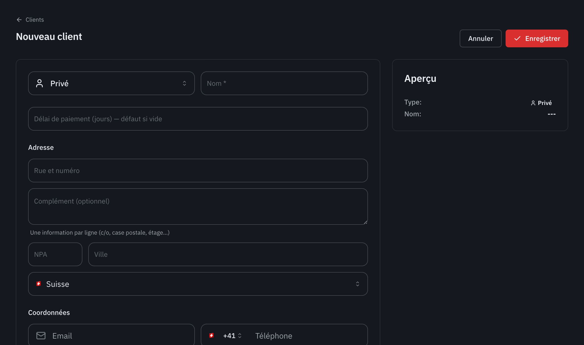 Le formulaire Nouveau client : le type, le nom, le délai de paiement, l’adresse et les coordonnées, avec l’aperçu à droite.