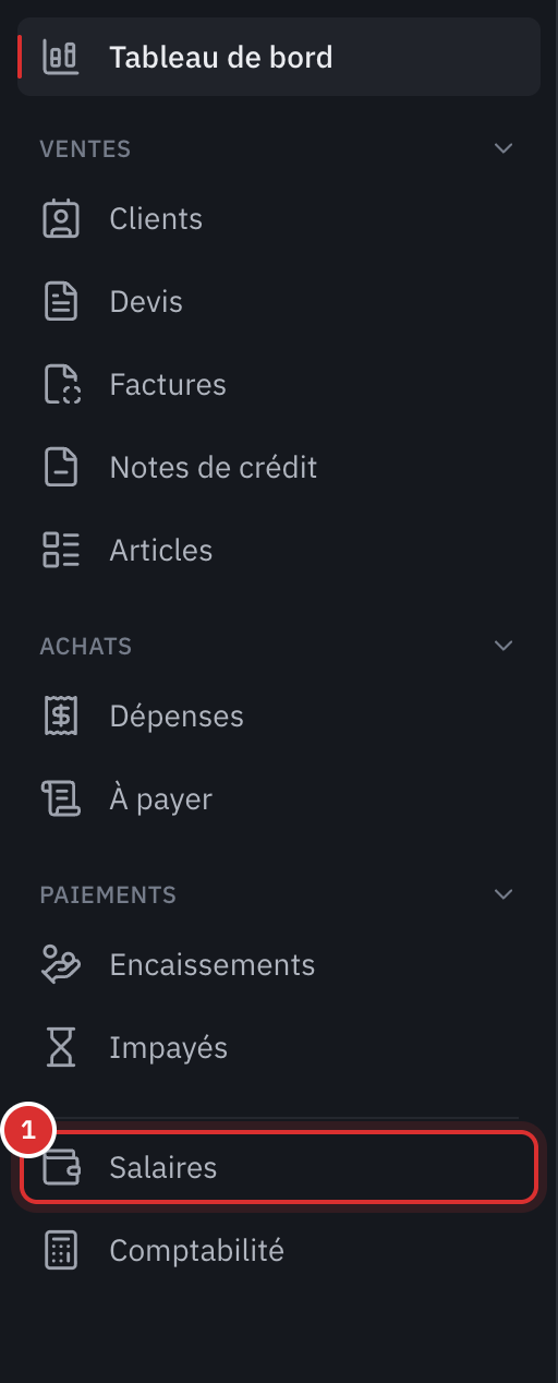 Le menu de gauche : Ventes, Achats et Paiements, puis la nouvelle entrée Salaires, avant Comptabilité.