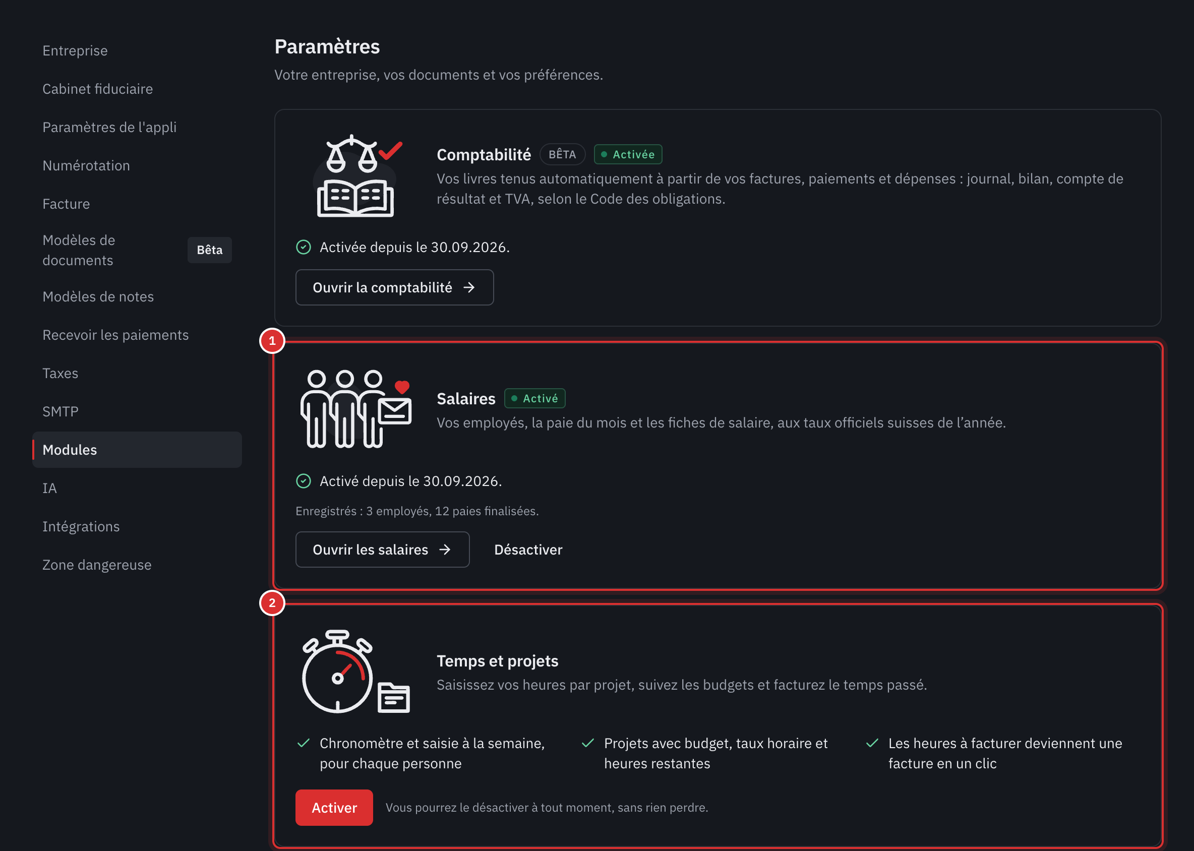 L’onglet Modules : la comptabilité et les salaires activés, avec Ouvrir et Désactiver, et Temps et projets avec le bouton Activer.
