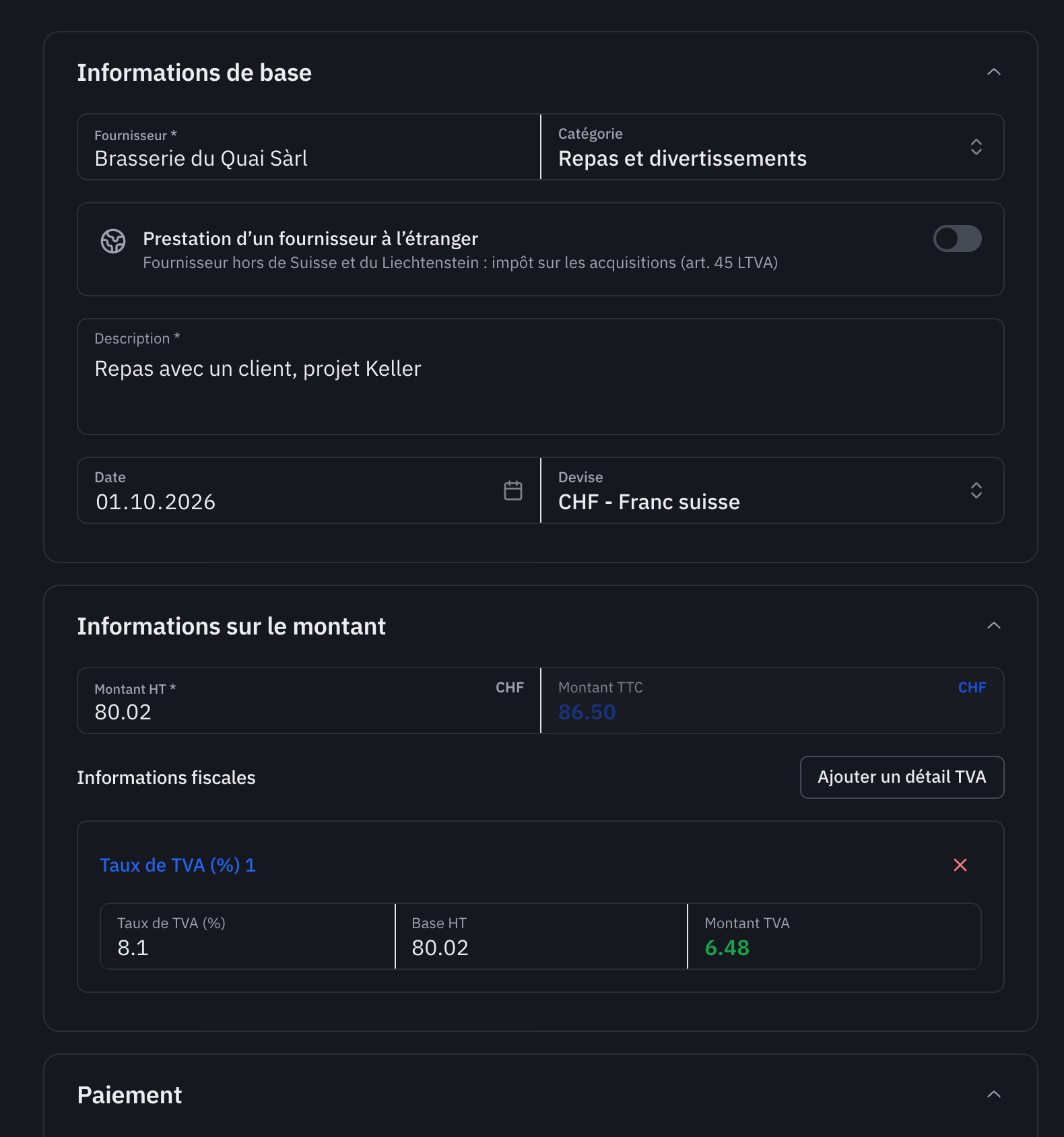 Les sections Informations de base et Informations sur le montant : fournisseur, catégorie, description, date, devise, montant HT, montant TTC et un taux de TVA de 8,1 %.