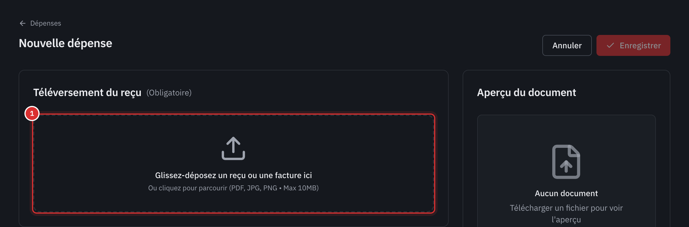 La page Nouvelle dépense : le cadre Téléversement du reçu, marqué Obligatoire, et l’aperçu du document à droite.