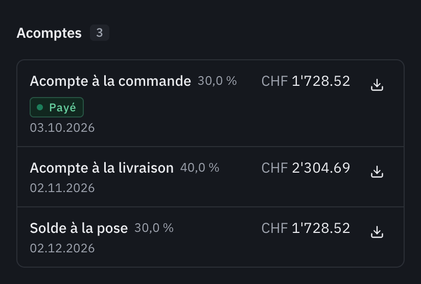 La section Acomptes d’une facture : l’acompte à la commande payé, l’acompte à la livraison et le solde à la pose avec leurs échéances et leurs montants.