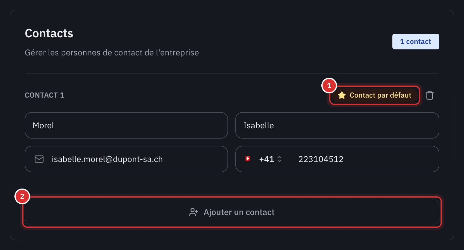 La section Contacts de la fiche d’une entreprise, avec un contact par défaut et le bouton Ajouter un contact.
