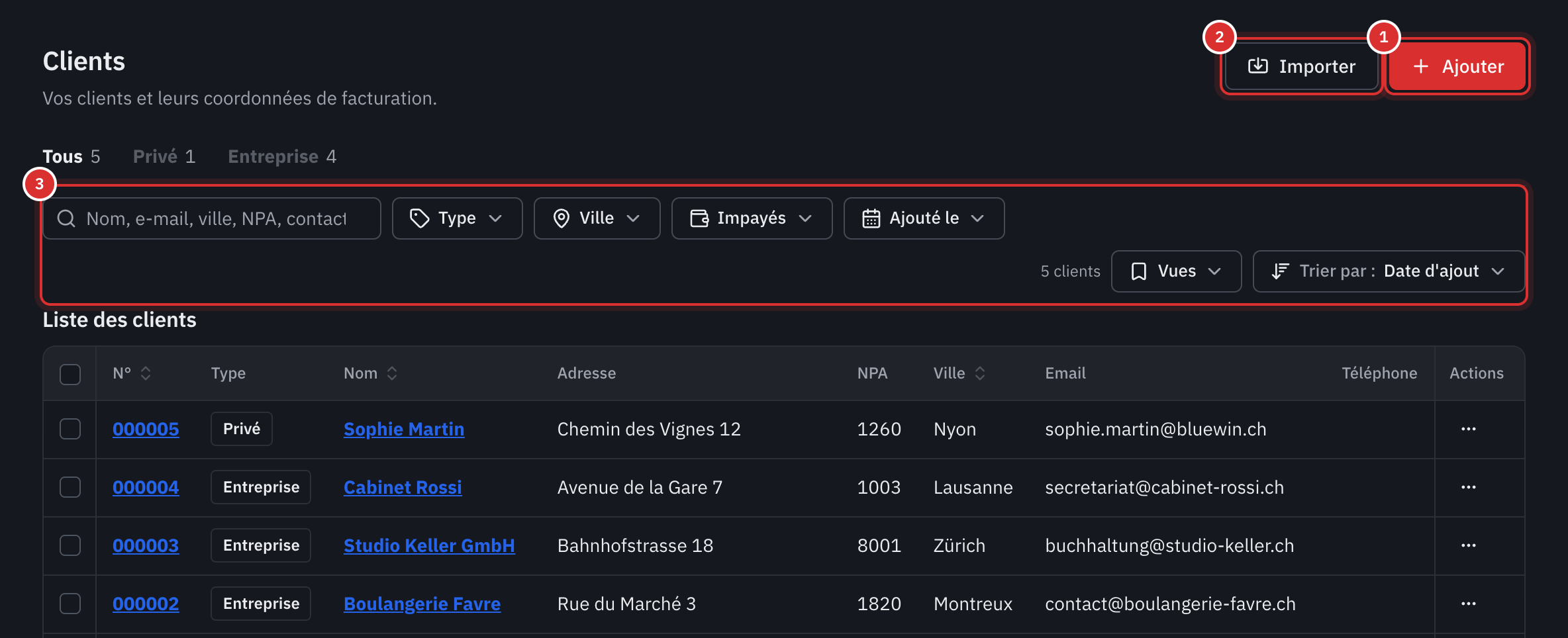 La liste des clients : les boutons Ajouter et Importer, les onglets Tous, Privé et Entreprise, la barre de recherche et de filtres, puis le tableau.