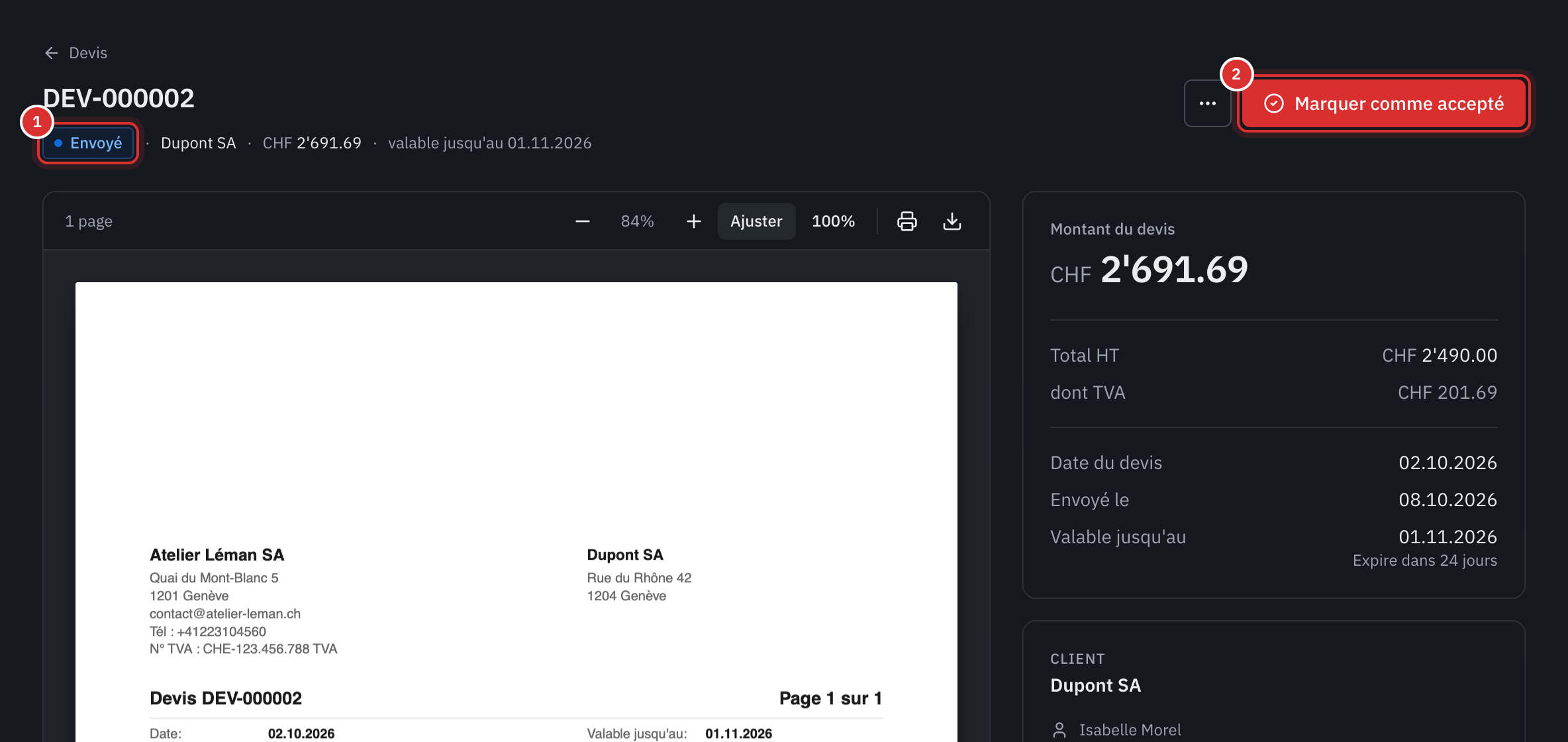 La page d’un devis envoyé : le statut Envoyé, le bouton Marquer comme accepté, l’aperçu du PDF et le montant du devis.