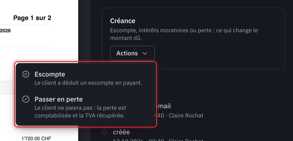 Le panneau Créance d’une facture avec le menu Actions ouvert : Escompte et Passer en perte.