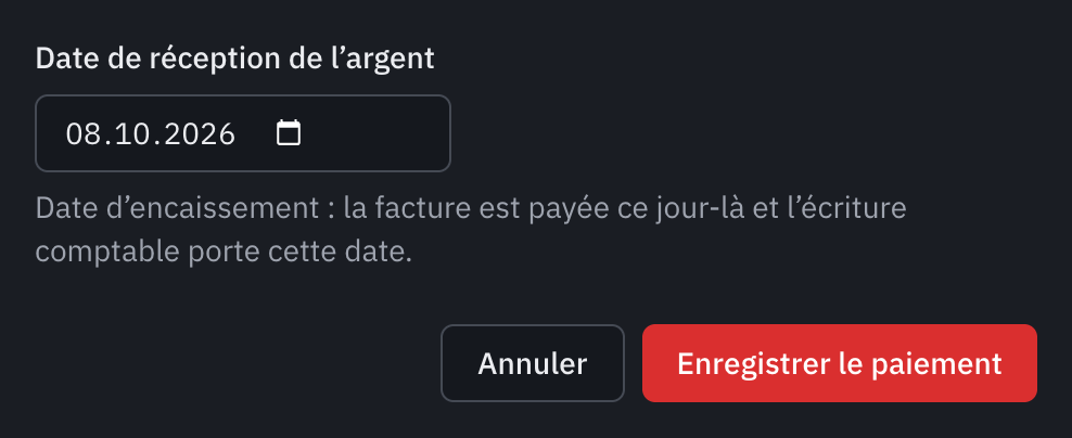 La fenêtre Marquer la facture comme payée, avec la date de réception de l’argent et le bouton Enregistrer le paiement.