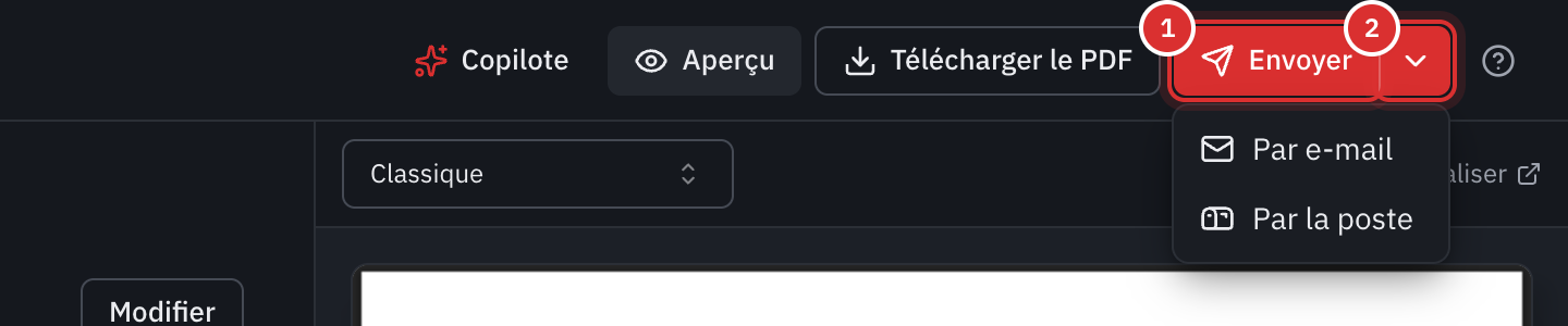 Le haut de l’éditeur d’une facture : le bouton Envoyer et sa flèche ouverte, avec Par e-mail et Par la poste.