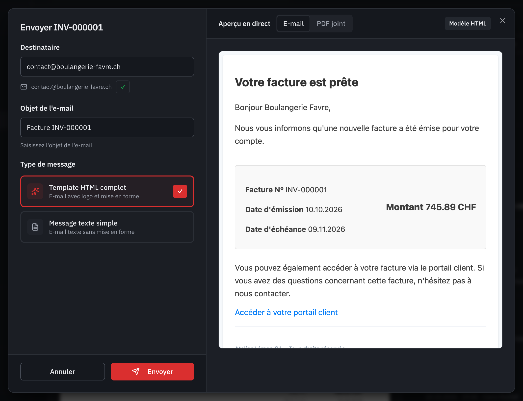 La fenêtre d’envoi : le destinataire, les autres contacts, l’objet, le type de message et l’aperçu de l’e-mail avec le lien vers le portail client.