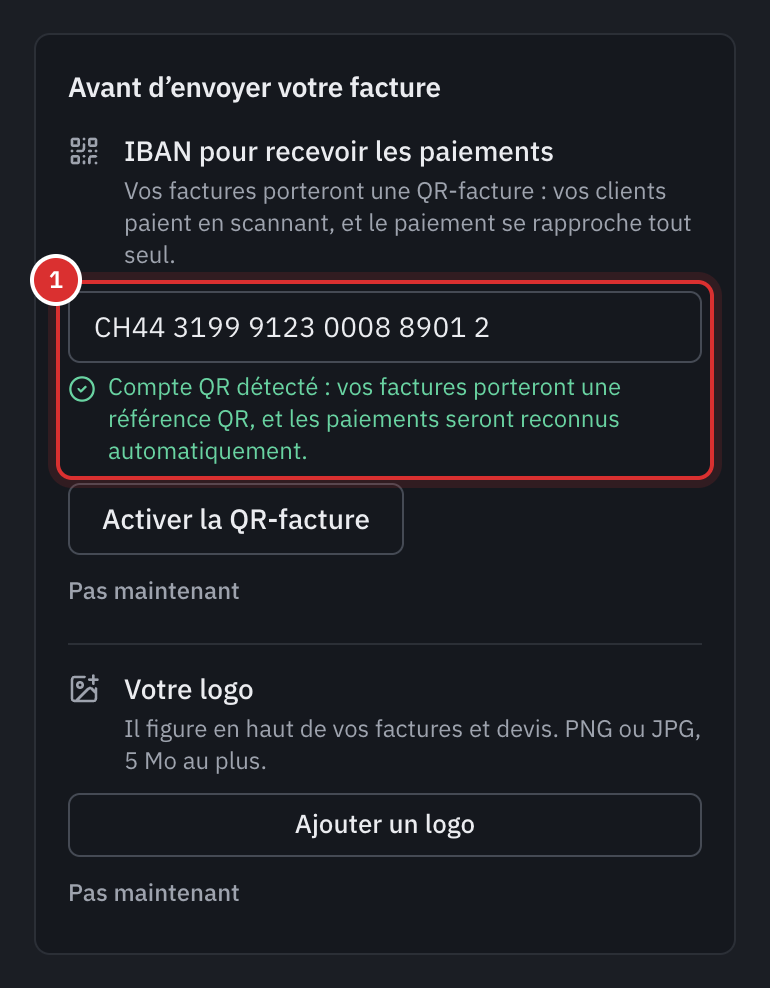 El recuadro Antes de enviar su factura: un QR-IBAN pegado en IBAN para recibir los pagos, la línea Cuenta QR detectada y el botón Activar la factura QR.