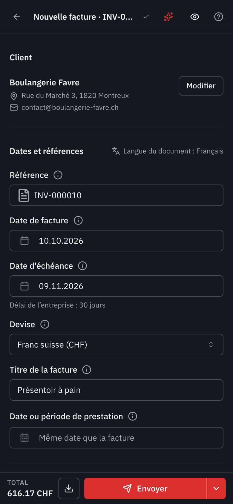 L’éditeur sur un téléphone : le client et les dates sur une colonne, l’œil de l’aperçu en haut, et en bas le total, le téléchargement et le bouton Envoyer.