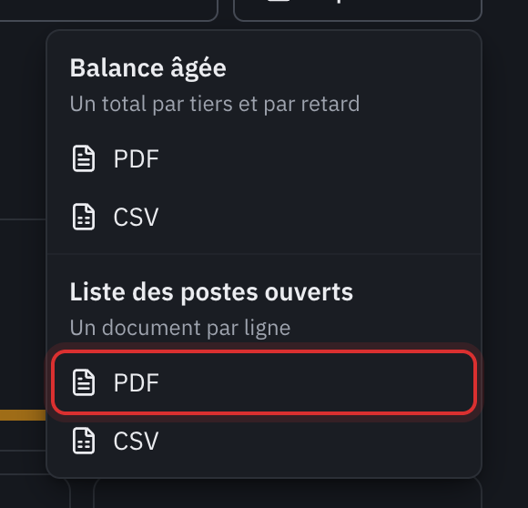 Le menu Exporter : Balance âgée en PDF ou CSV, Liste des postes ouverts en PDF ou CSV.