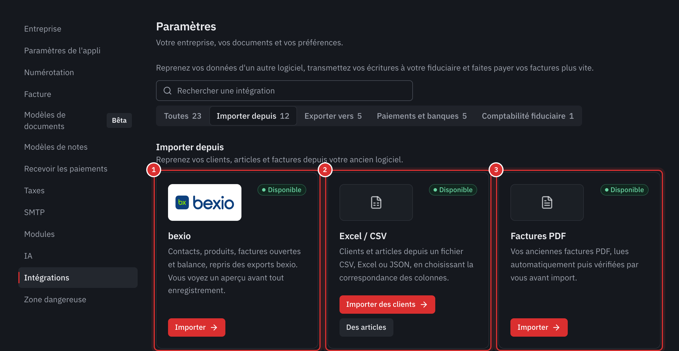 Paramètres, Intégrations, catégorie Importer depuis : les cartes bexio, Excel / CSV et Factures PDF, disponibles.
