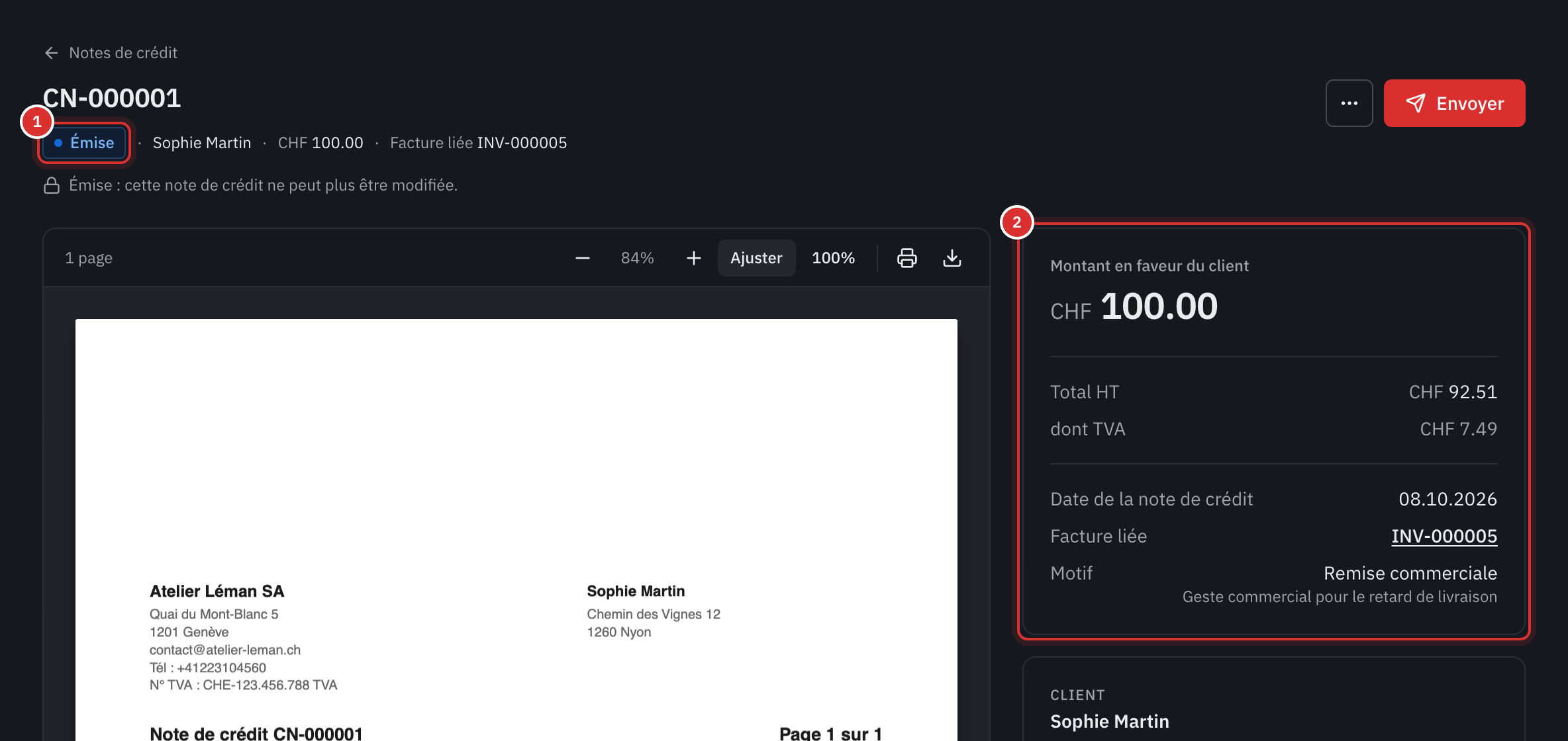 La page d’une note de crédit émise : son statut Émise, le bouton Envoyer, le montant en faveur du client, le total HT, la TVA, la facture liée, le motif et l’aperçu du PDF.
