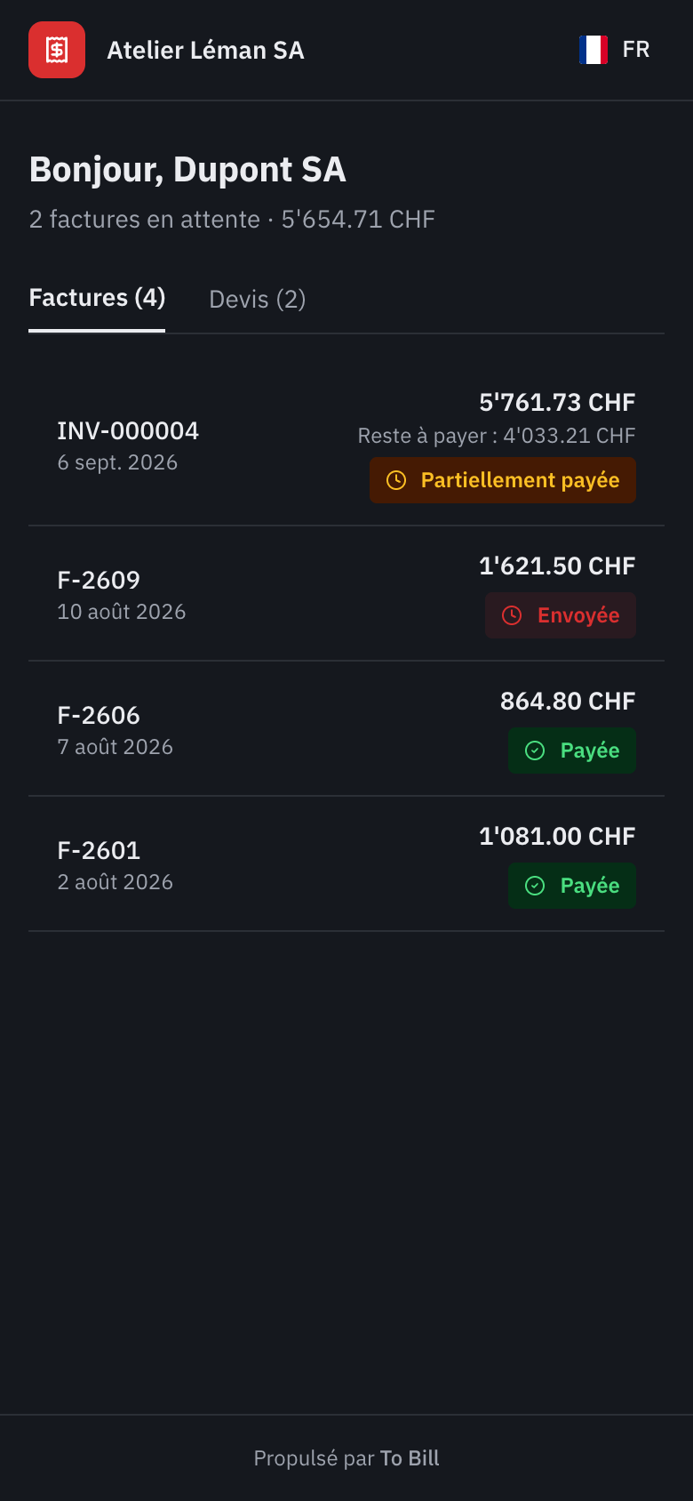 Le portail client sur un téléphone, avec la liste des factures.