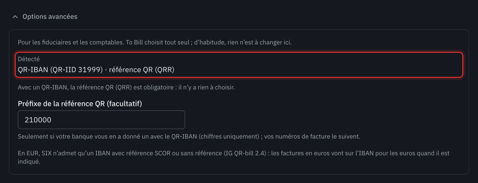 Les options avancées ouvertes pour un QR-IBAN : le type détecté QR-IBAN (QR-IID 31999) avec la référence QR (QRR), le préfixe de la référence QR et la règle des euros.