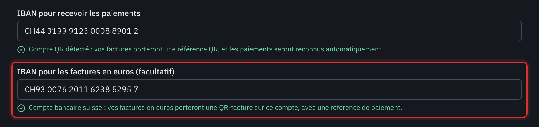 Le champ IBAN pour les factures en euros rempli, et la ligne verte : Compte bancaire suisse, vos factures en euros porteront une QR-facture sur ce compte, avec une référence de paiement.