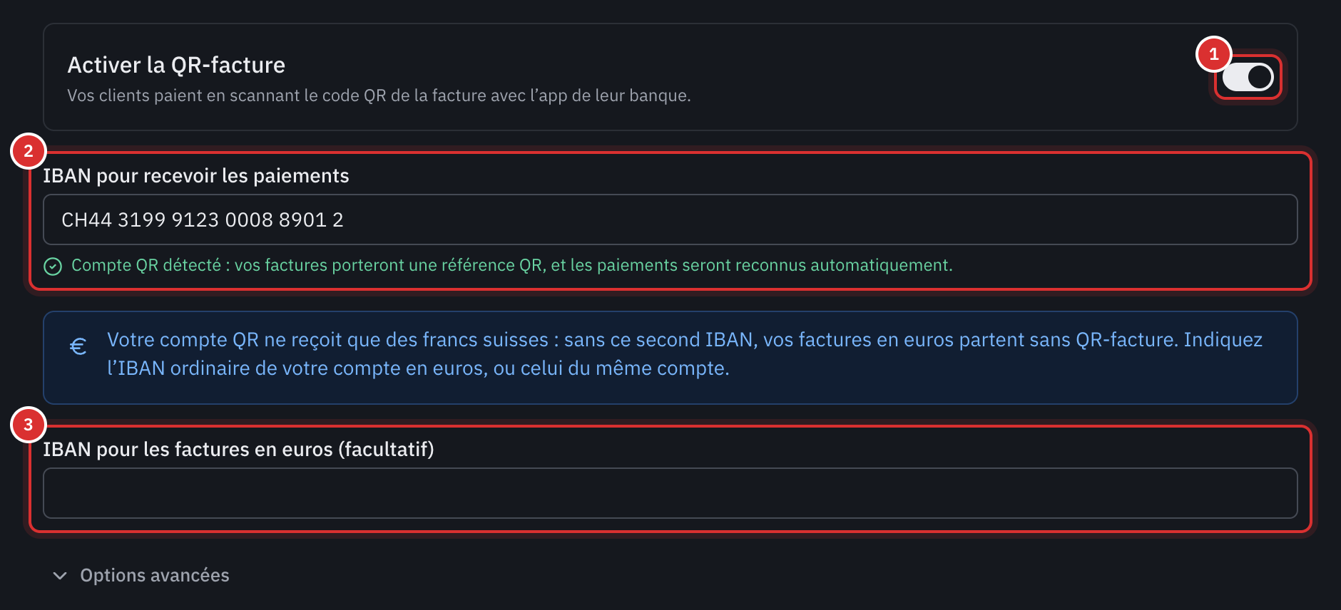 La section QR-Facture des paramètres : l’interrupteur Activer la QR-facture, le QR-IBAN dans IBAN pour recevoir les paiements, la ligne Compte QR détecté, la note sur les euros et le champ IBAN pour les factures en euros.