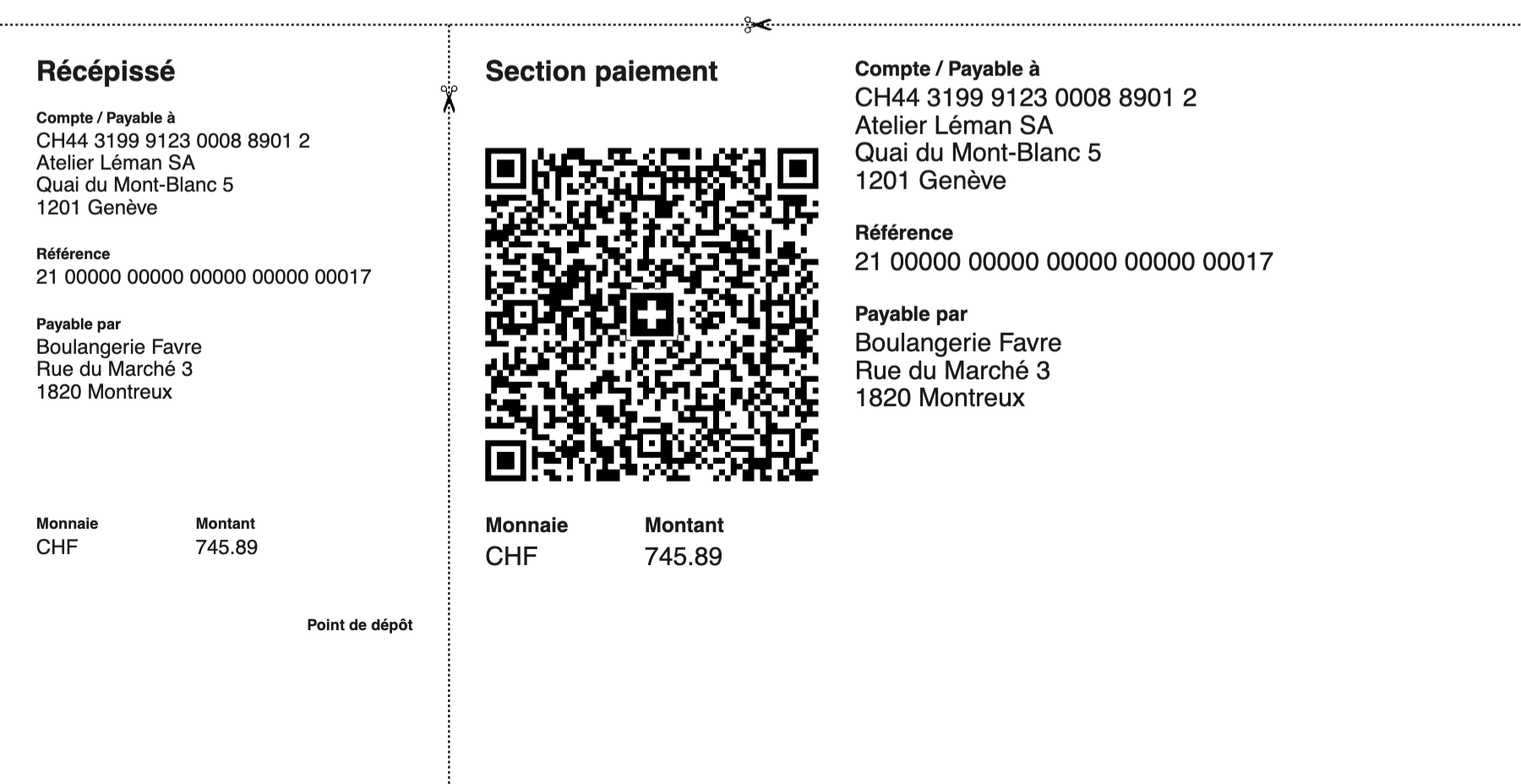 Fatura QR: dëftesa majtas, pjesa e pagesës me kodin QR, llogarinë, referencën, shumën dhe adresën e klientit.