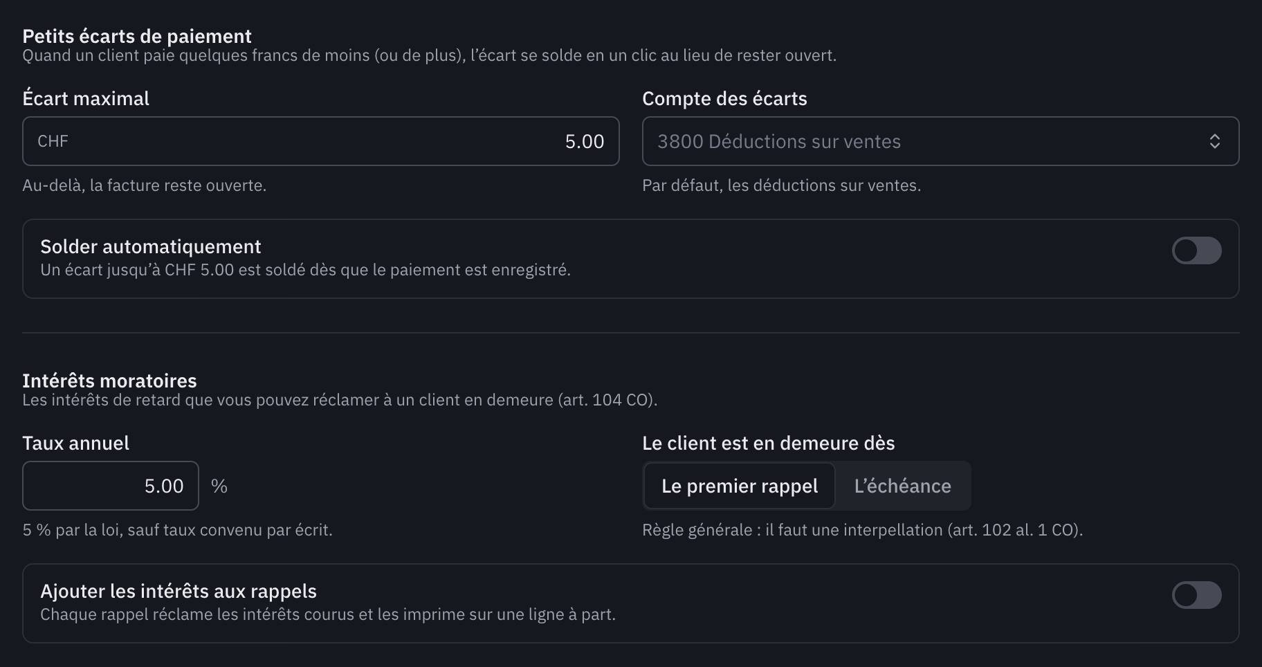La section Écarts et intérêts moratoires : les petits écarts de paiement, le taux annuel de 5 %, le début de la demeure au premier rappel et l’option d’ajouter les intérêts aux rappels.